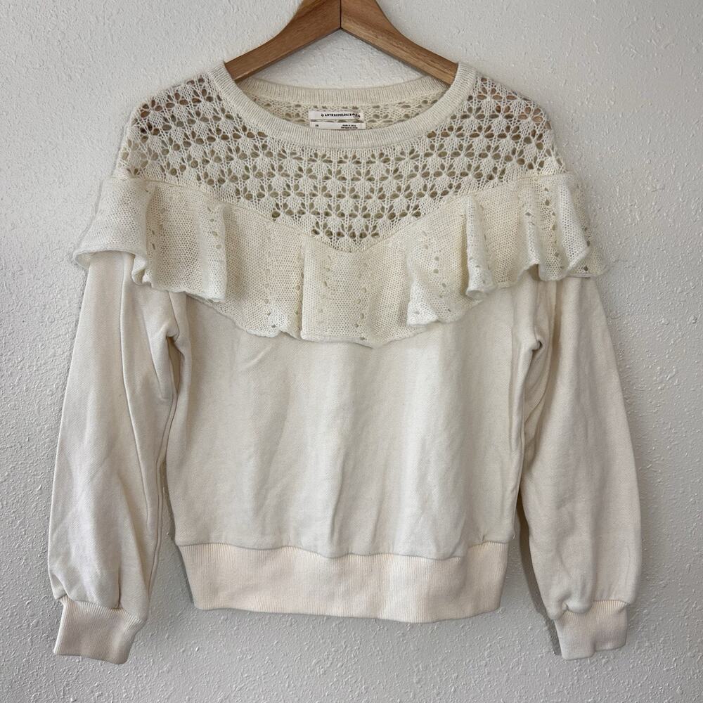 Anthropologie Sweater Ruffled Lace Crop Ivory Cotton Pullover Women Size XS